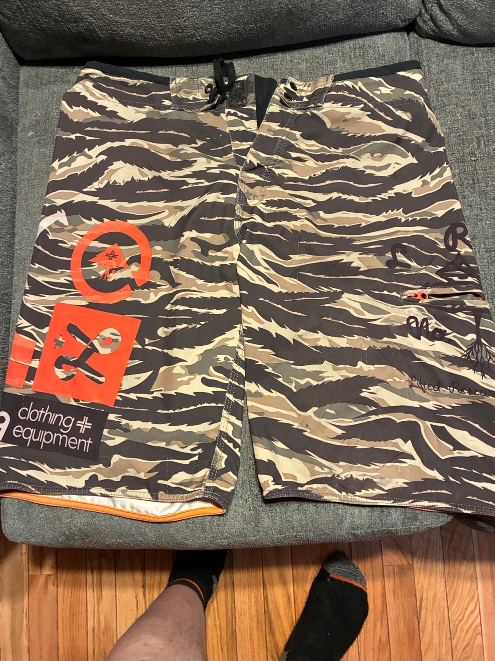 Men's Tiger-Stripe Swim Board Shorts with Orange Graphic Accents